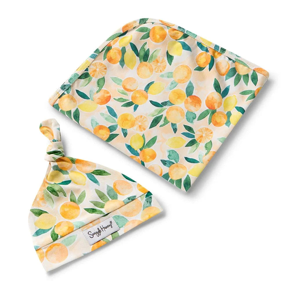 Snuggle Hunny Kids Linen Sheets Sunny Citrus Organic Jersey Wrap & Beanie Set