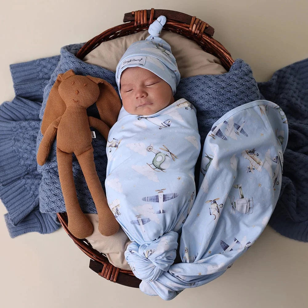 Snuggle Hunny Kids Linen Sheets Taking Flight Organic Jersey Wrap & Beanie Set