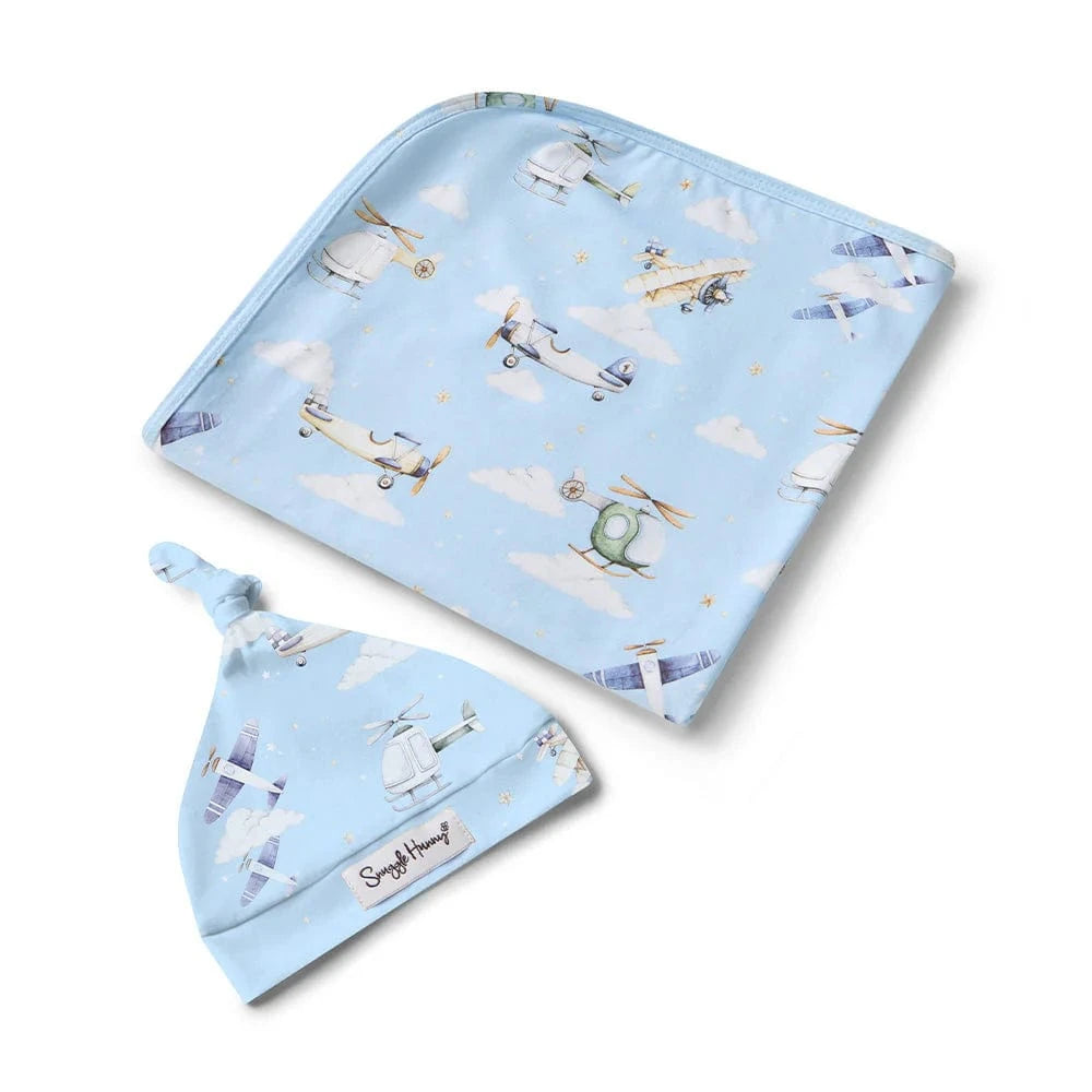 Snuggle Hunny Kids Linen Sheets Taking Flight Organic Jersey Wrap & Beanie Set