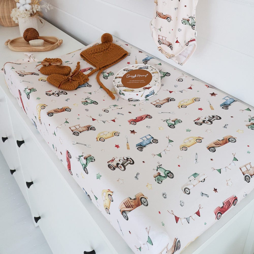 Snuggle Hunny Kids Linen Sheets Vintage Cars Bassinet Sheet / Change Pad Cover
