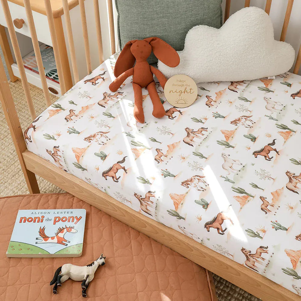 Snuggle Hunny Kids Linen Sheets Wild Horses Organic Fitted Cot Sheet