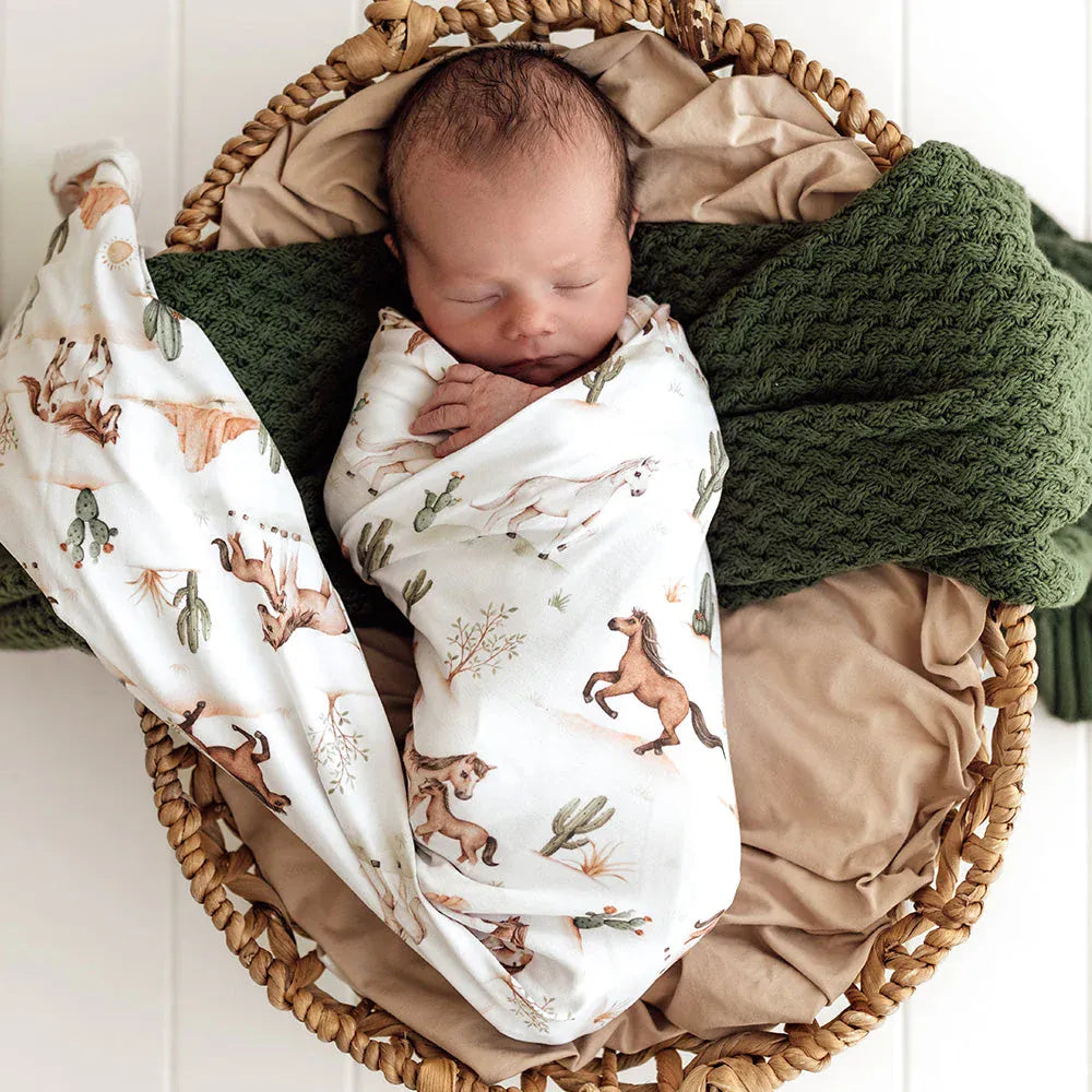 Snuggle Hunny Kids Linen Sheets Wild Horses Organic Jersey Wrap & Beanie Set