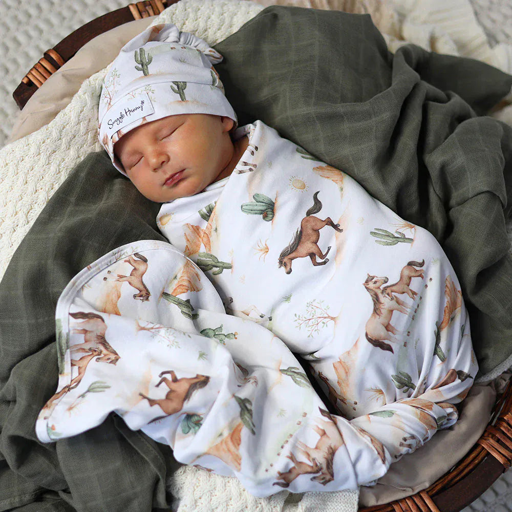 Snuggle Hunny Kids Linen Sheets Wild Horses Organic Jersey Wrap & Beanie Set