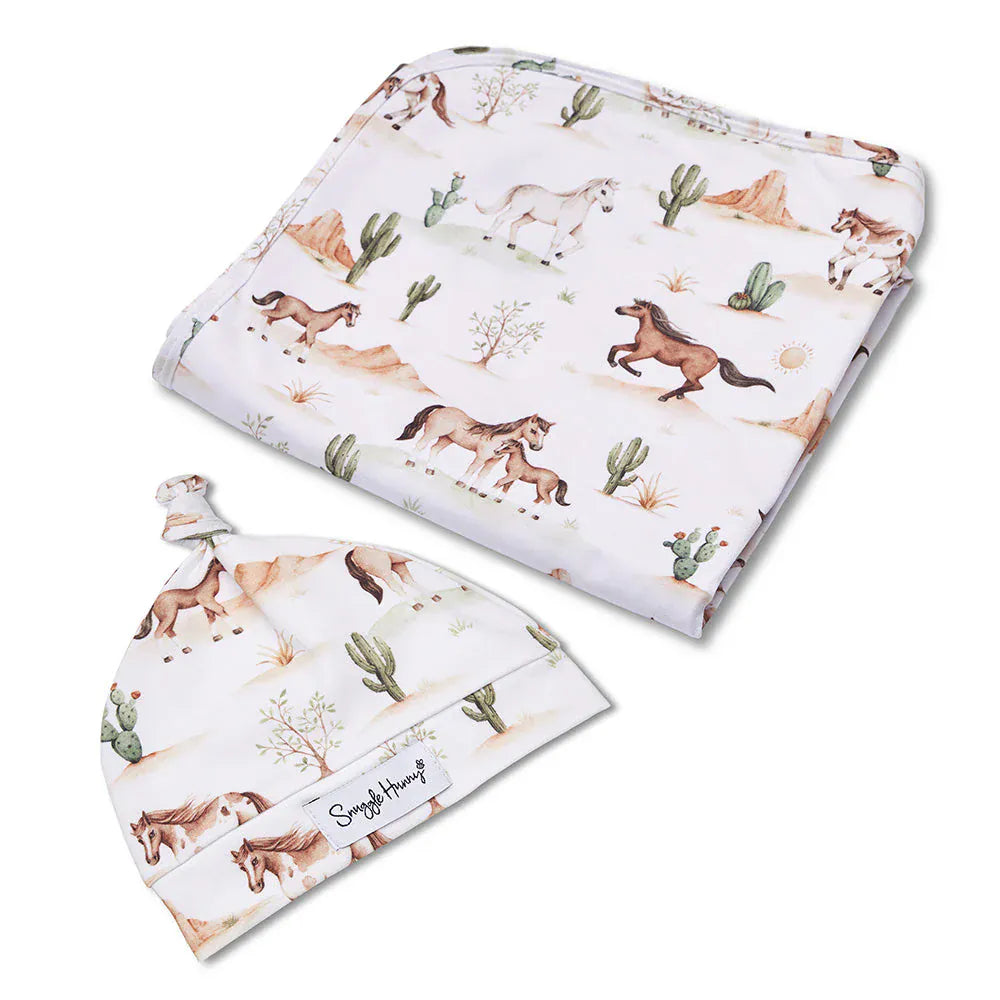 Snuggle Hunny Kids Linen Sheets Wild Horses Organic Jersey Wrap & Beanie Set