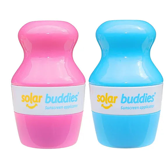 Twin pack of Solar Buddies baby care sunscreens, featuring full blue and pink bottles in a natural outdoor setting.