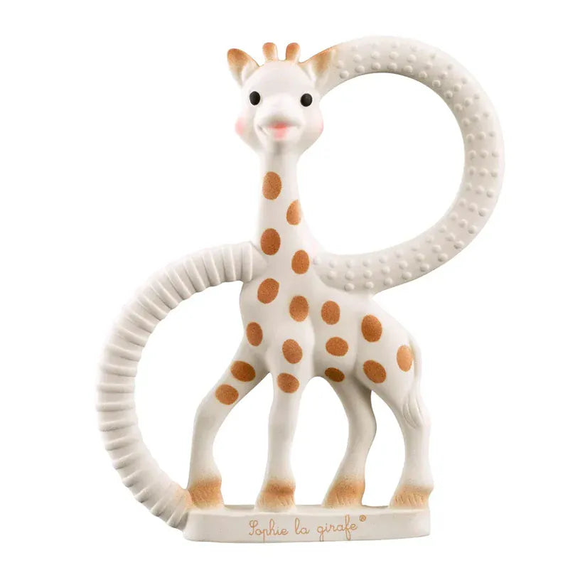 Sophie la Giraffe teething ring for babies, made of soft rubber with textured surface for soothing teething discomfort.