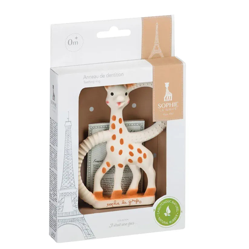 Sophie la Giraffe teething ring for babies, made of soft, safe material, featuring a cute giraffe design for soothing teething discomfort.