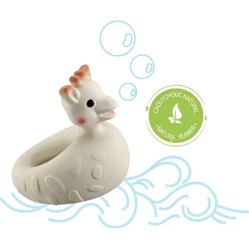 Sophie the Giraffe So Pure bath toy by Sophie la Giraffe, soft rubber giraffe with textured surface, designed for baby bath time fun.
