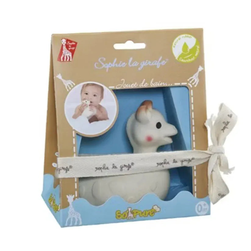 Sophie the Giraffe So Pure bath toy from Sophie la Giraffe, featuring a soft rubber giraffe with textured surface for infant bath play.
