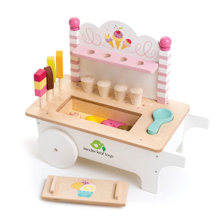 Tender Leaf Toys ice cream cart toy with colorful pretend ice cream cones and playful design for kids' imaginative play.