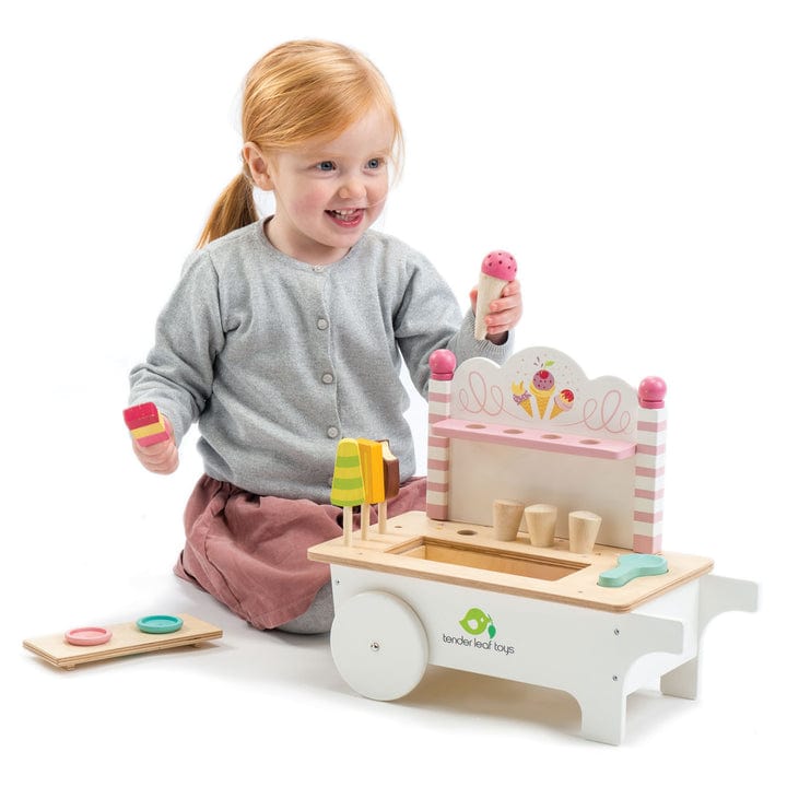 Tender Leaf Toys ice cream cart toy with colorful plastic cones and scoops, perfect for imaginative play and pretend ice cream shop.
