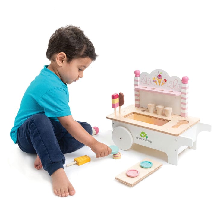 Tender Leaf Toys ice cream cart toy with colorful pretend ice cream cones and playful design for kids' imaginative play.