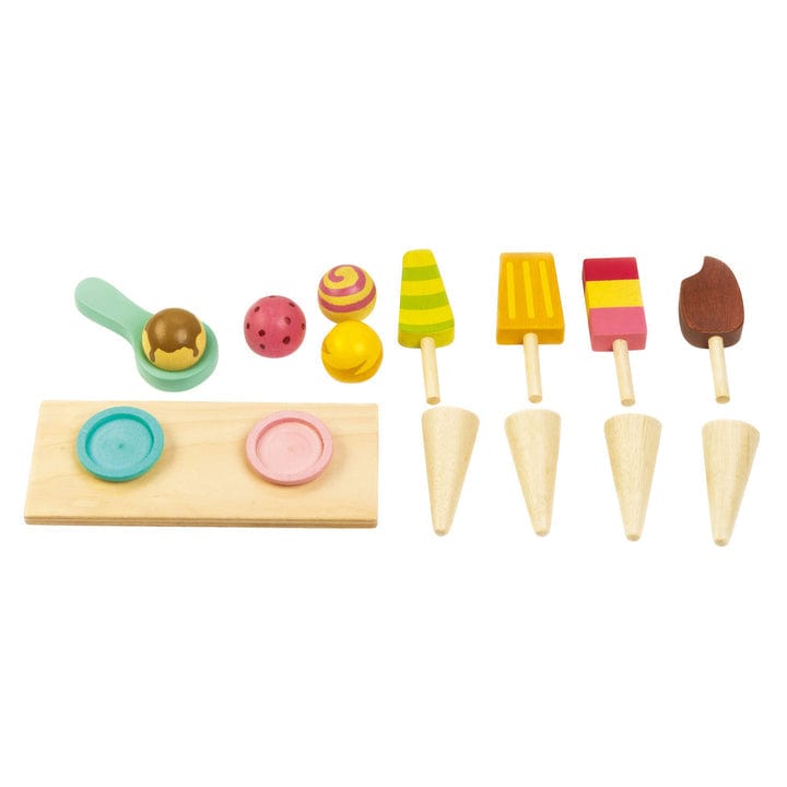 Tender Leaf Toys ice cream cart toy for kids, featuring colorful pretend ice cream cones and a charming wooden design.
