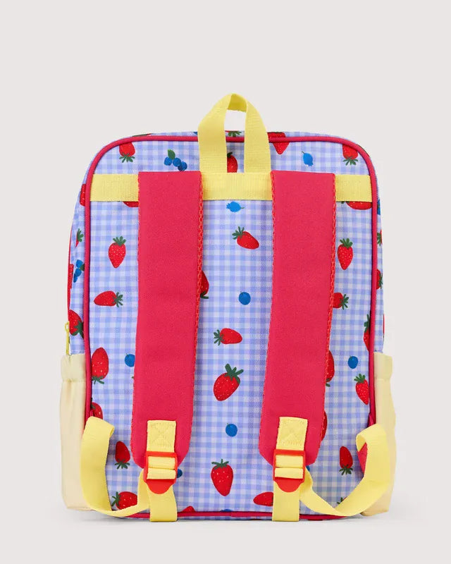 The Somewhere Co. Adventure Backpack in Berry Patch with adjustable straps, front pocket, and durable canvas material.