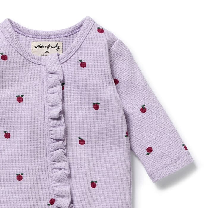 Wilson & Frenchy Girls All In One Berry Plums Organic Waffle Ruffle Zipsuit