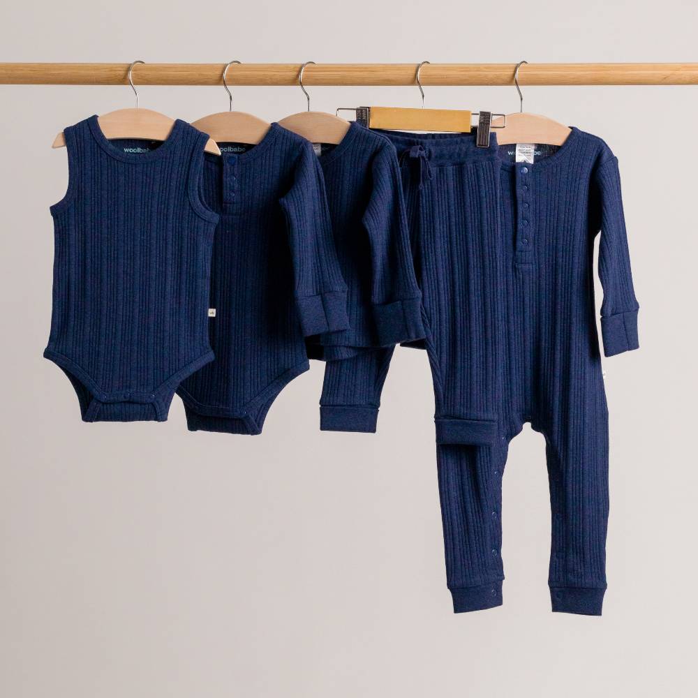 Woolbabe Boys Onesie Organic Cotton/Merino Long Sleeve Henley Bodysuit