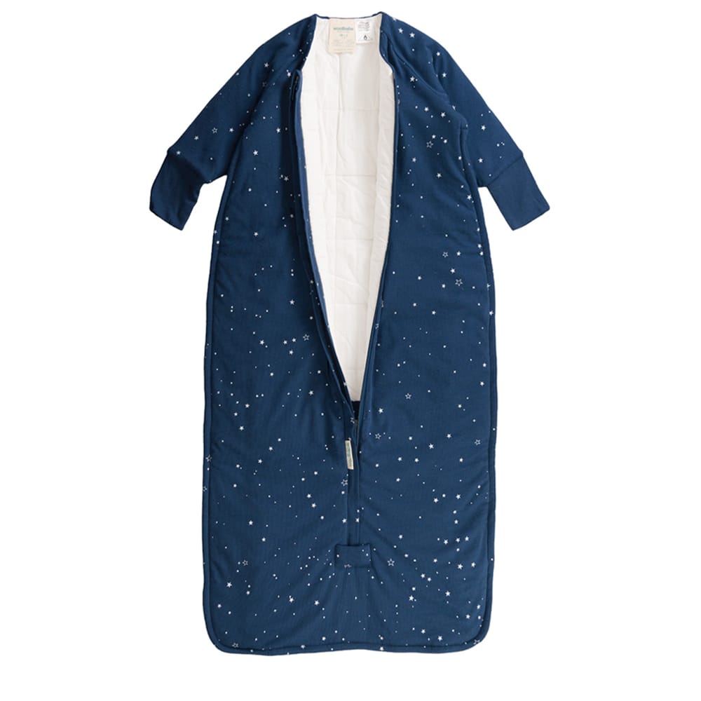 Woolbabe Tekapo Stars linen duvet front zip sleeping bag with sleeves for babies and toddlers, featuring star pattern and soft linen fabric.