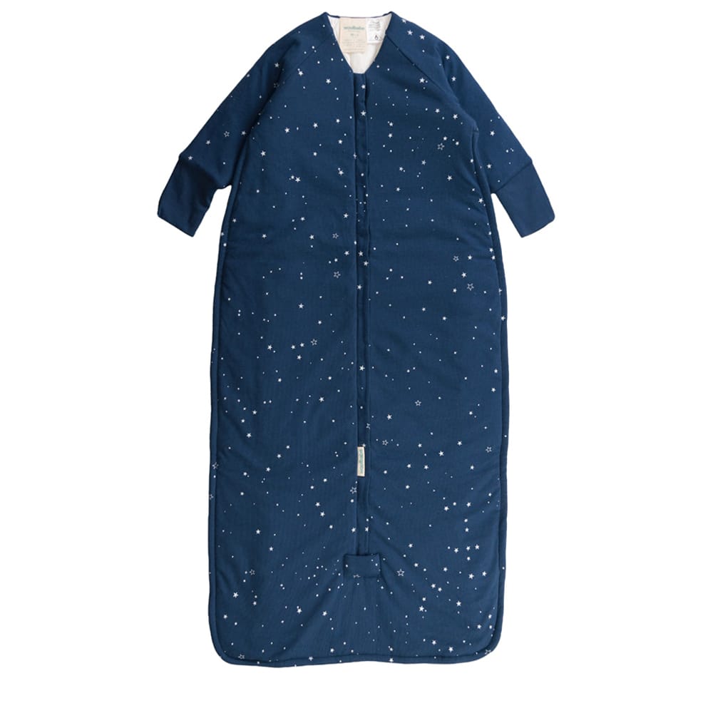 Woolbabe Tekapo Stars linen duvet front zip sleeping bag with sleeves for toddlers, featuring star-patterned fabric and breathable linen material.