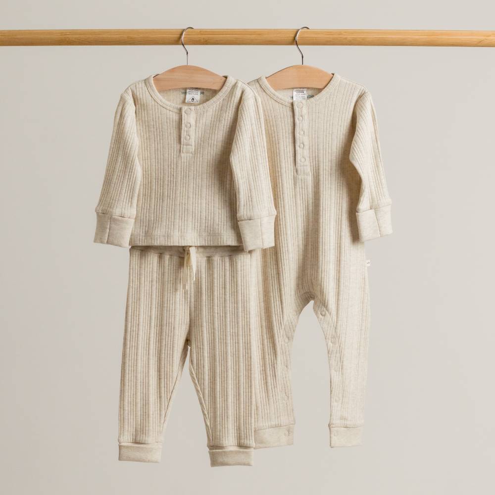 Unisex Woolbabe organic cotton and merino relaxed pants in natural marl, soft and comfortable for everyday wear.