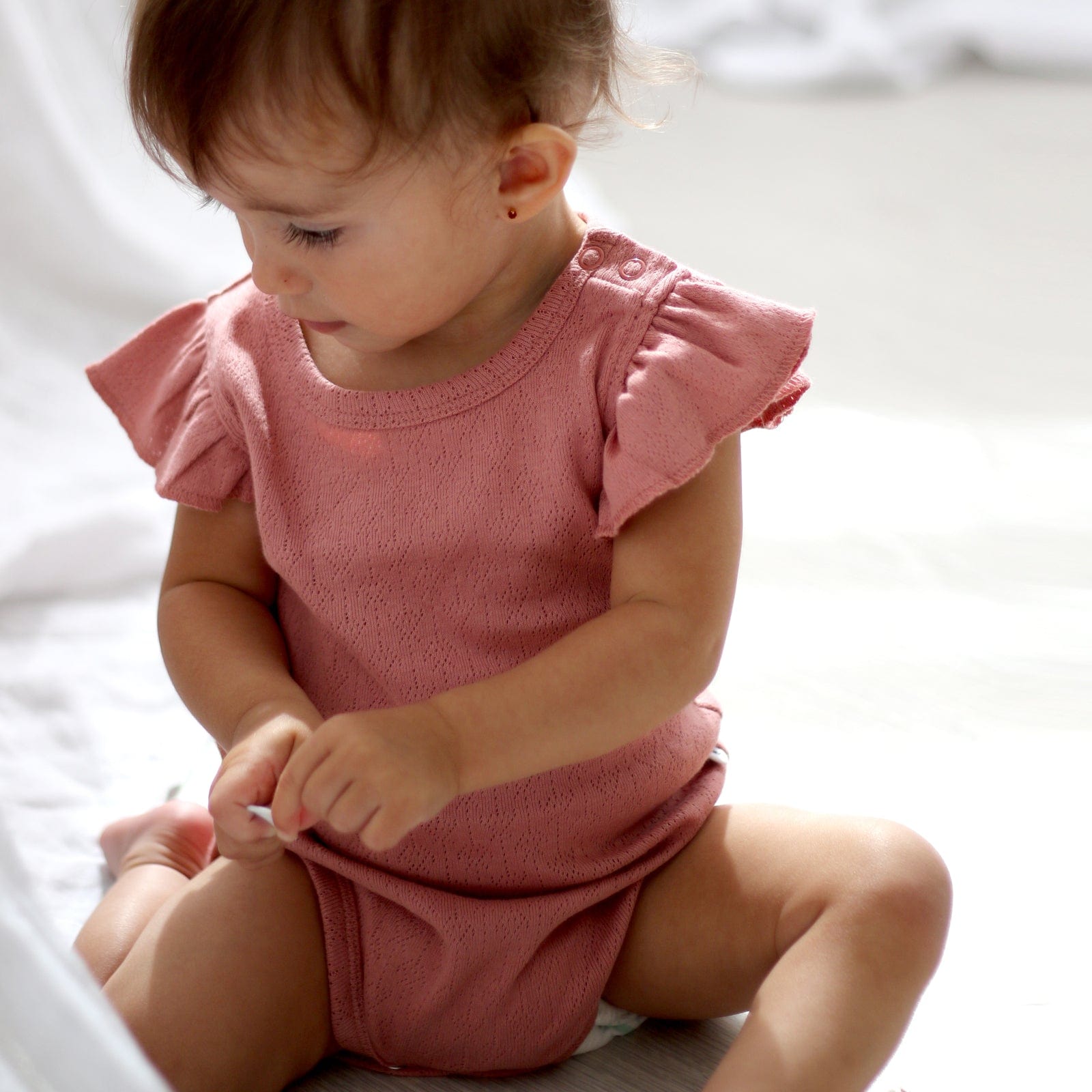 Burrow & Be Girls Onesie Pointelle Flutter Sleeve Bodysuit - Dusk