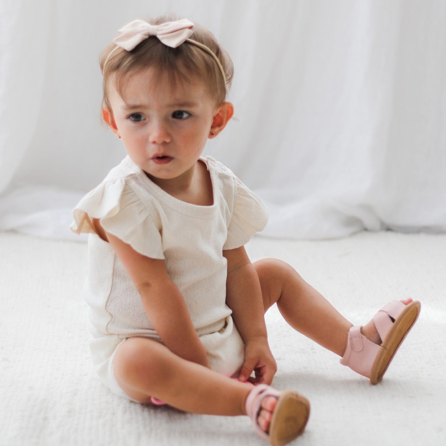 Burrow & Be Girls Onesie Pointelle Flutter Sleeve Bodysuit - Natural