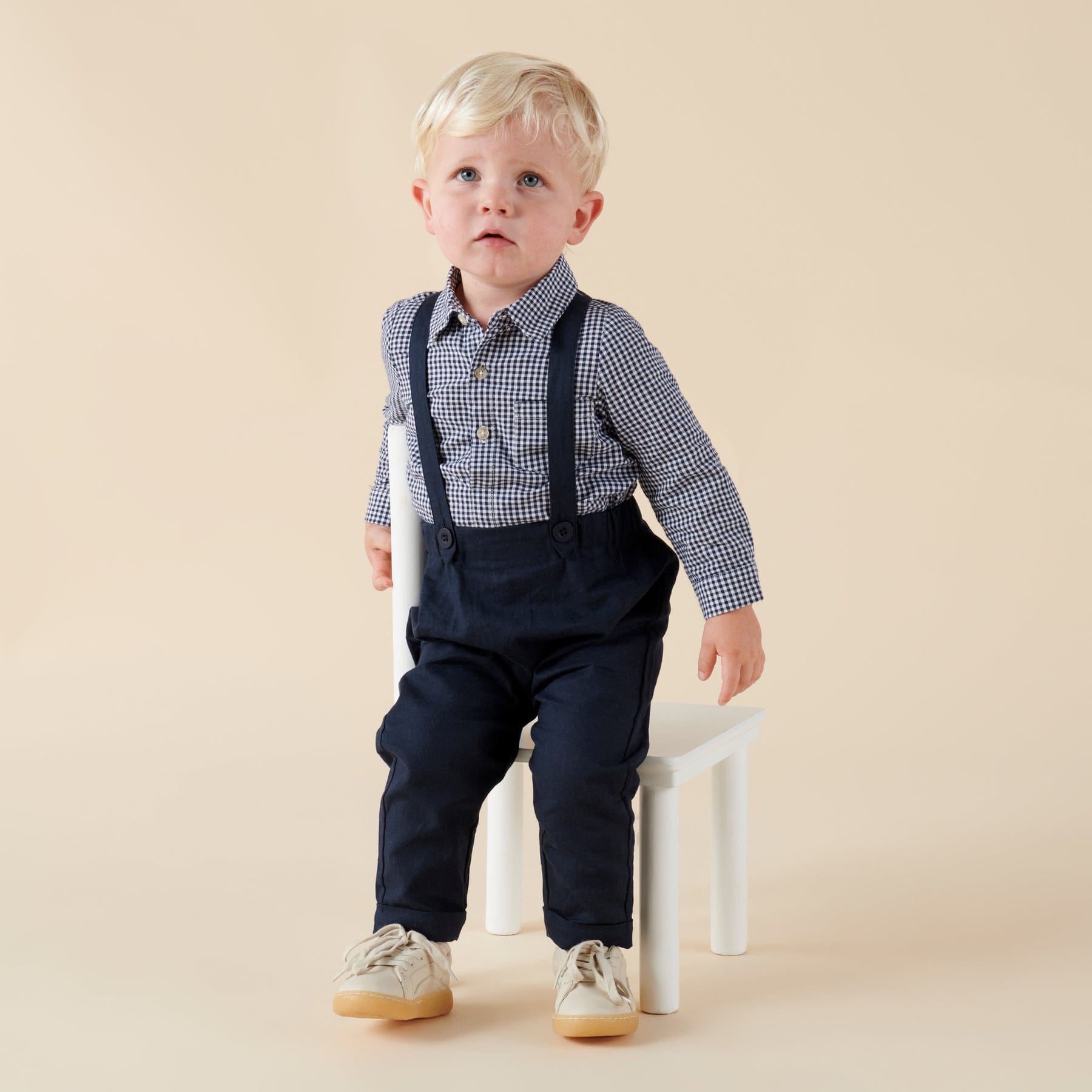 Designer Kidz Boys Pants Finley Linen Suspender Pants - Navy