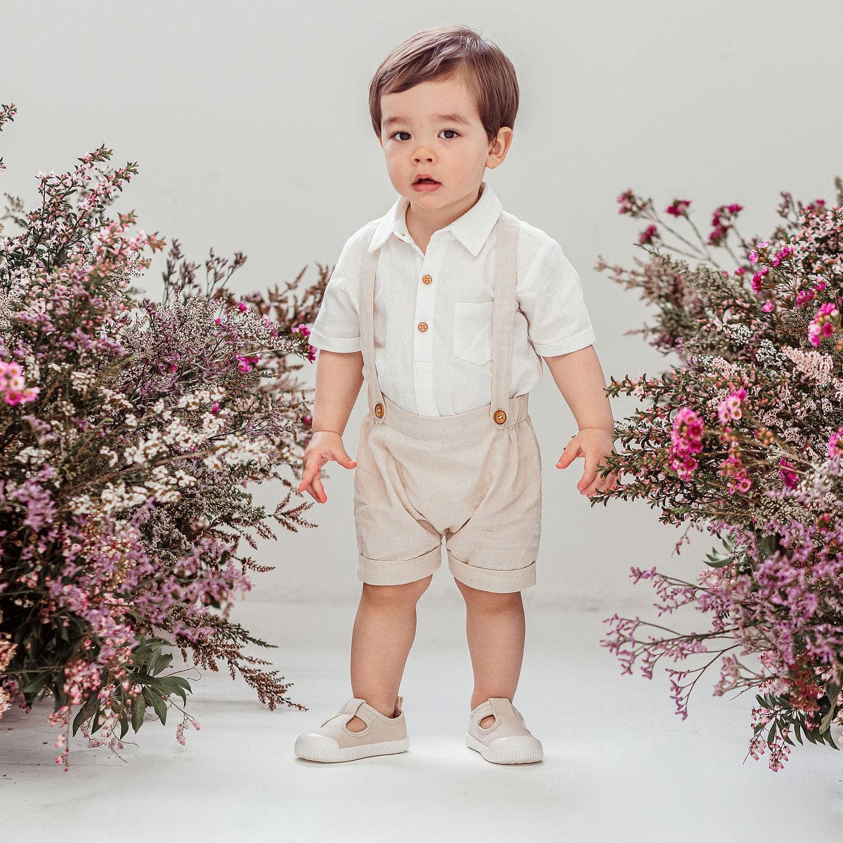 Designer Kidz Boys Tops Archie Formal S/S Button Romper - Ivory