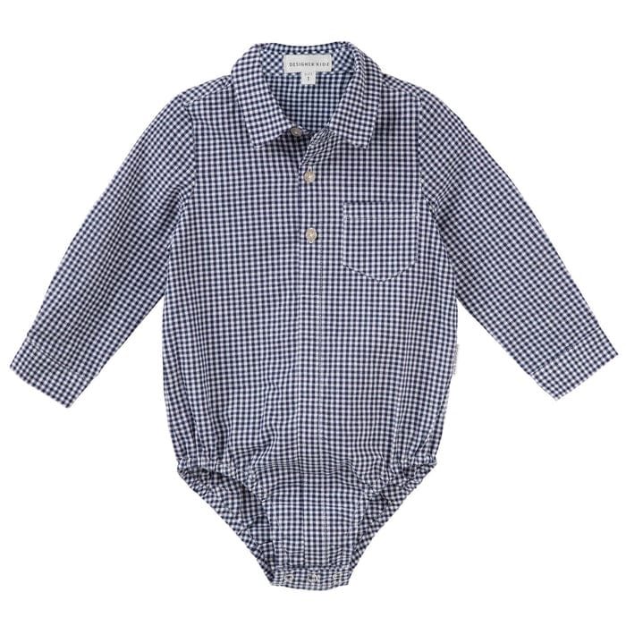 Designer Kidz Boys Tops Oliver L/S Gingham Romper - Navy