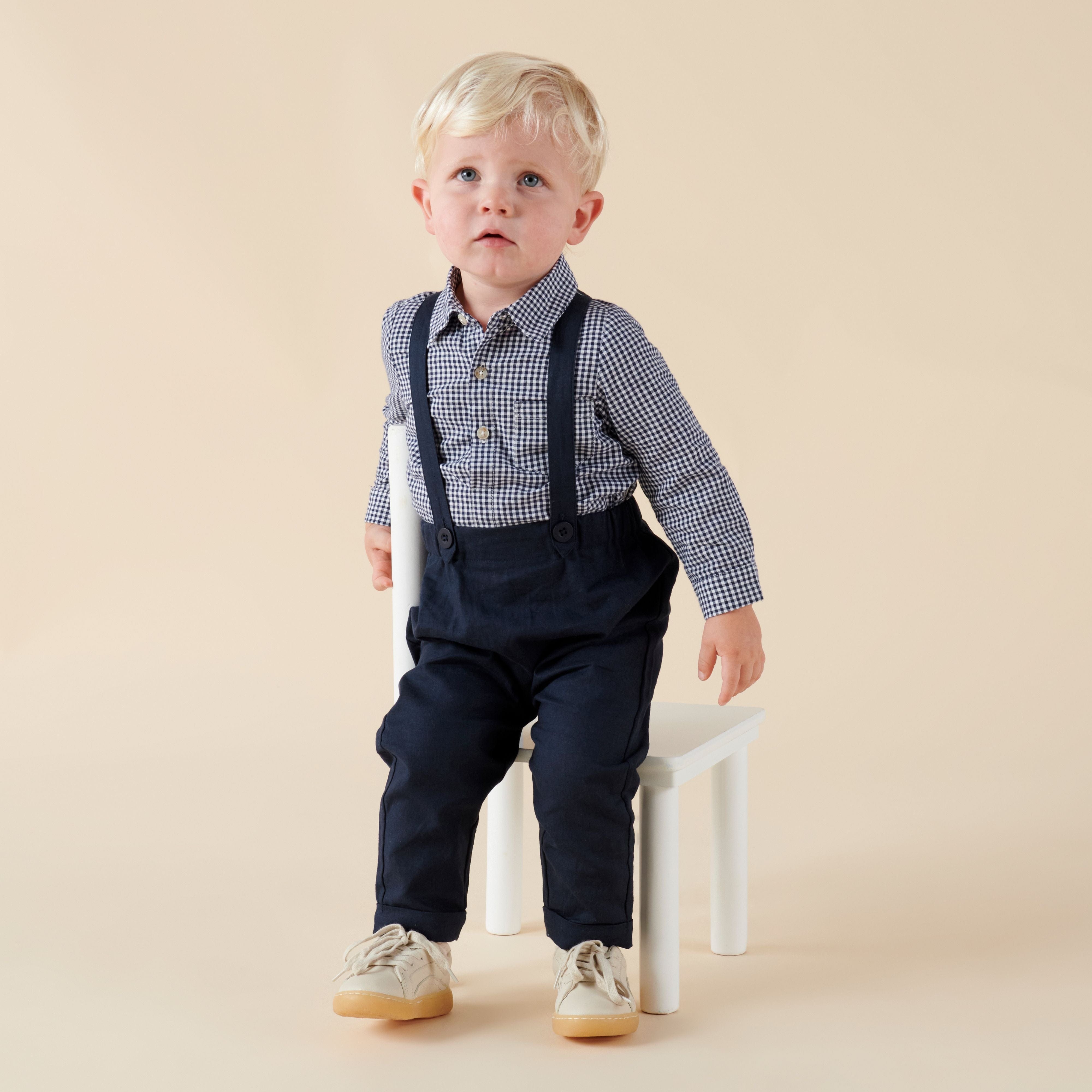Designer Kidz Boys Tops Oliver L/S Gingham Romper - Navy