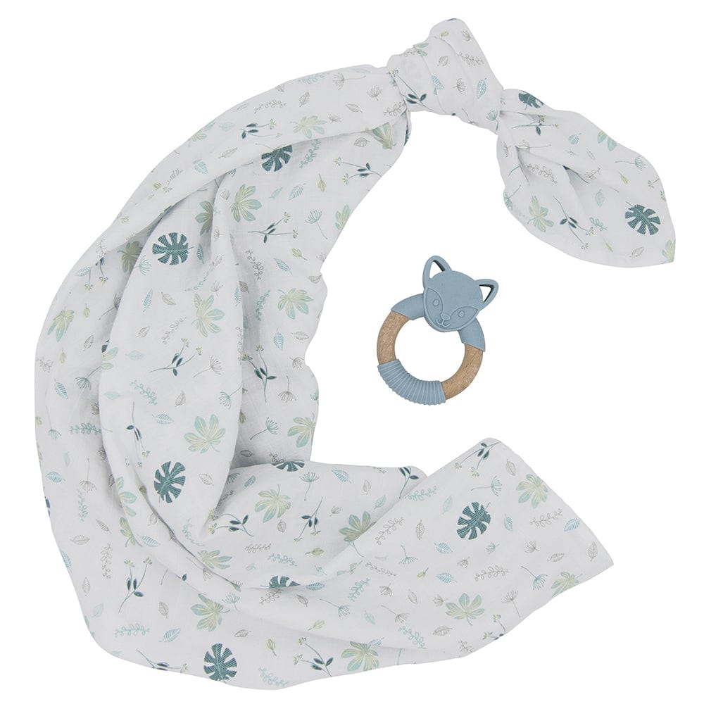 Living Textiles Accessory Blanket Organic Muslin Swaddle & Teether Gift Set - Banana leaf/Teal