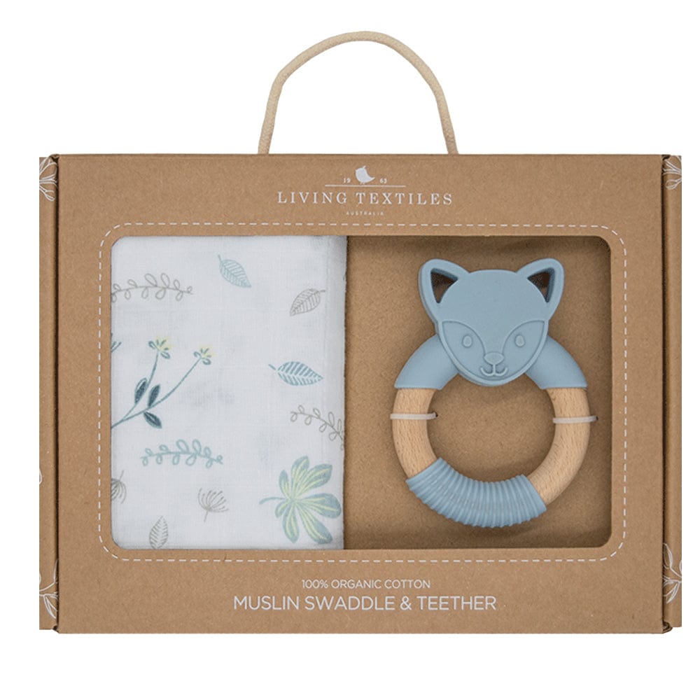 Living Textiles Accessory Blanket Organic Muslin Swaddle & Teether Gift Set - Banana leaf/Teal