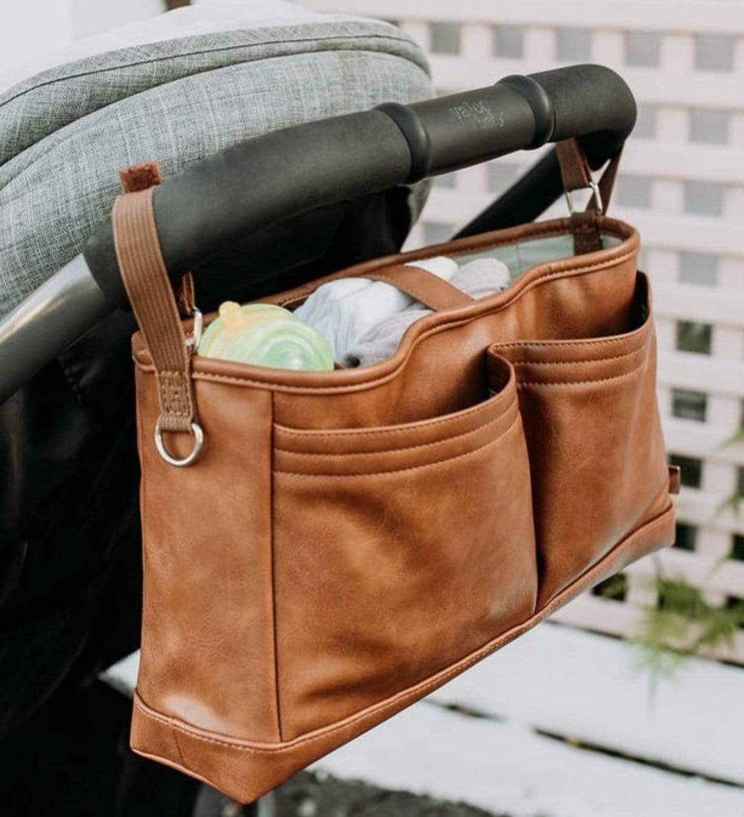 Faux Leather Stroller Organiser/Pram Caddy - Tan - Parnell Baby Boutique