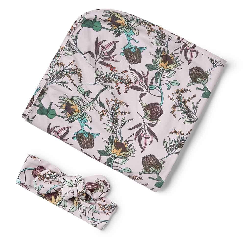 Snuggle Hunny Kids Linen Sheets Banksia Organic Jersey Wrap & Topknot Set