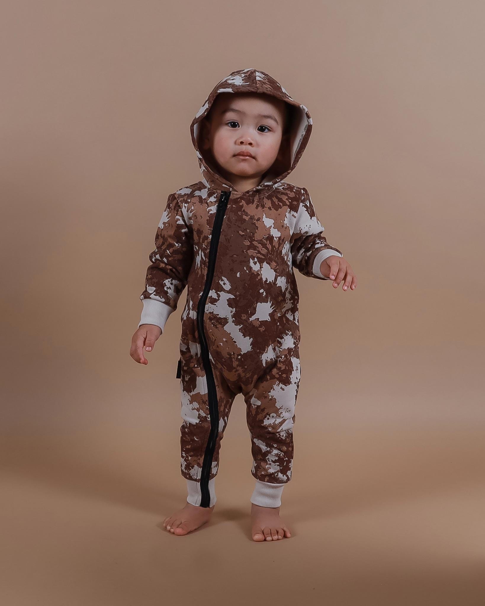Tiny Tribe Boys Onesie Brown Tie Dye Zip Hooded Romper