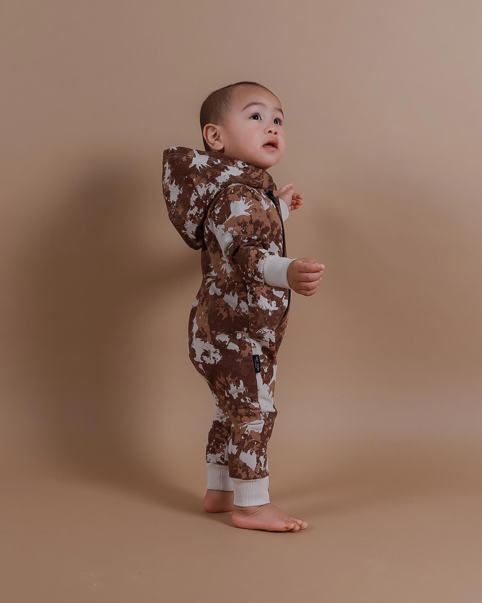 Tiny Tribe Boys Onesie Brown Tie Dye Zip Hooded Romper