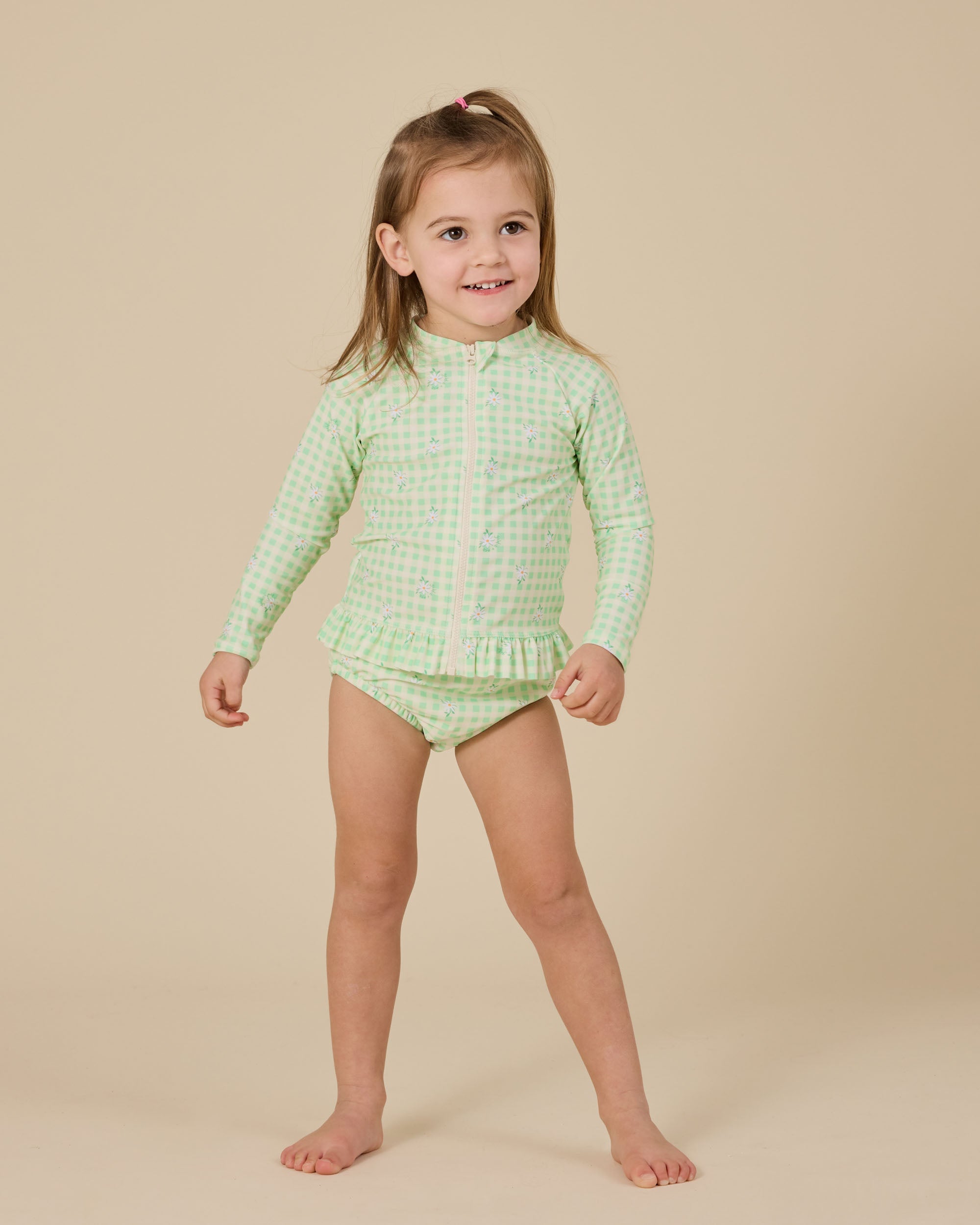 Gingham Daisy Zip Up Swim Vest & Bikini Bottom 2 Piece Set