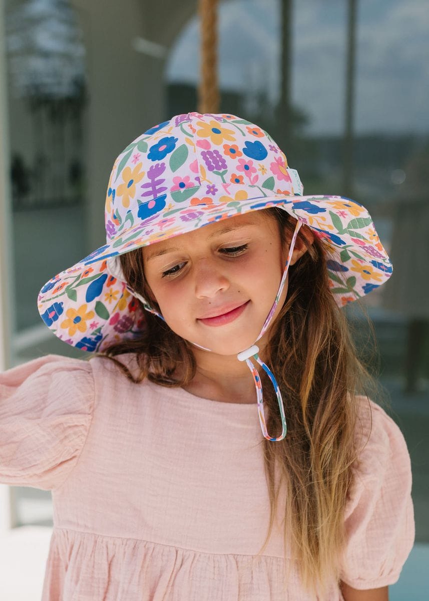Colorful Petal Pop Wide Brim Sunhat by Acorn Kids, lightweight accessories hat with floral petal design for sun protection.