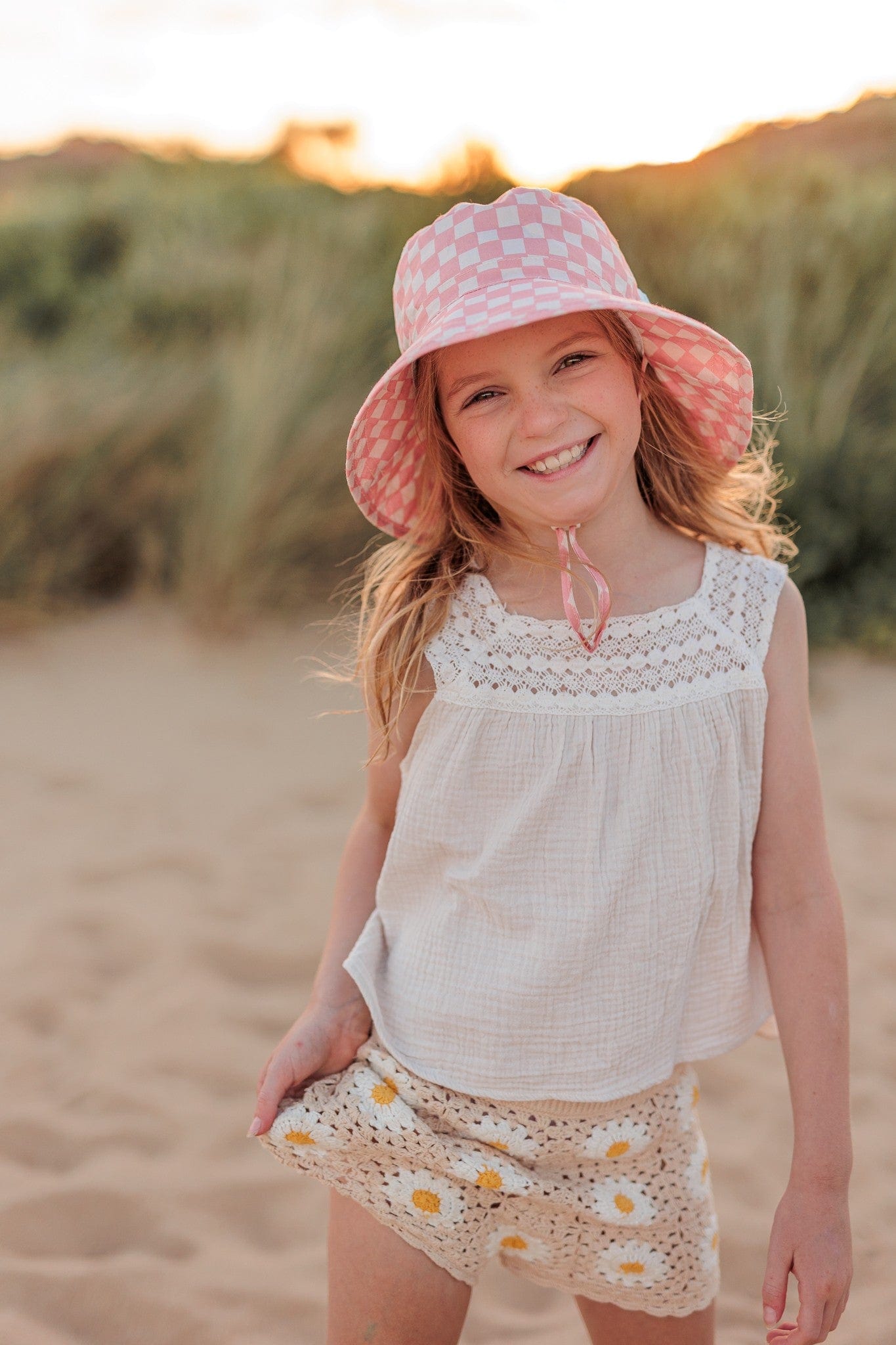 Acorn Kids Accessories Hats Pink Checks Broad Brim Bucket Hat