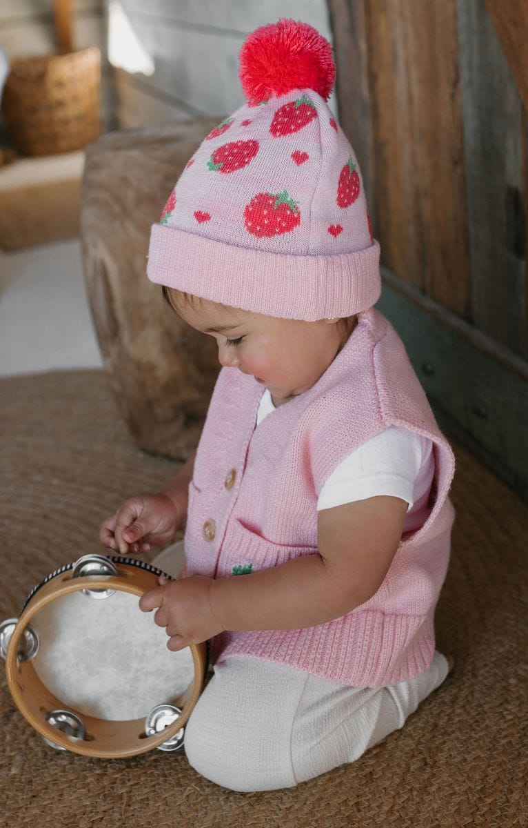 Acorn Kids Accessories Hats Strawberry Fields Merino Beanie - Pink, Red & Green