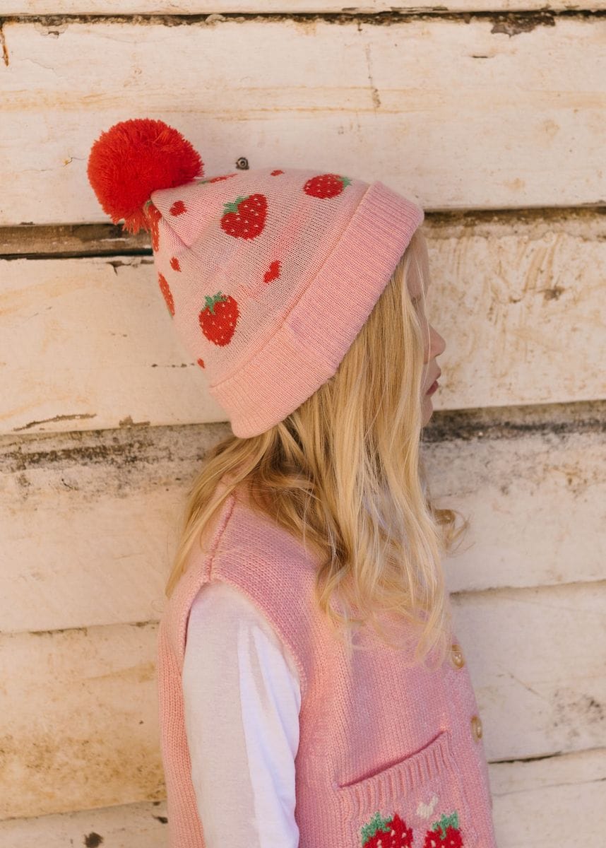 Acorn Kids Accessories Hats Strawberry Fields Merino Beanie - Pink, Red & Green