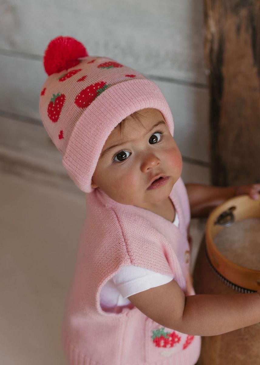 Acorn Kids Accessories Hats Strawberry Fields Merino Beanie - Pink, Red & Green