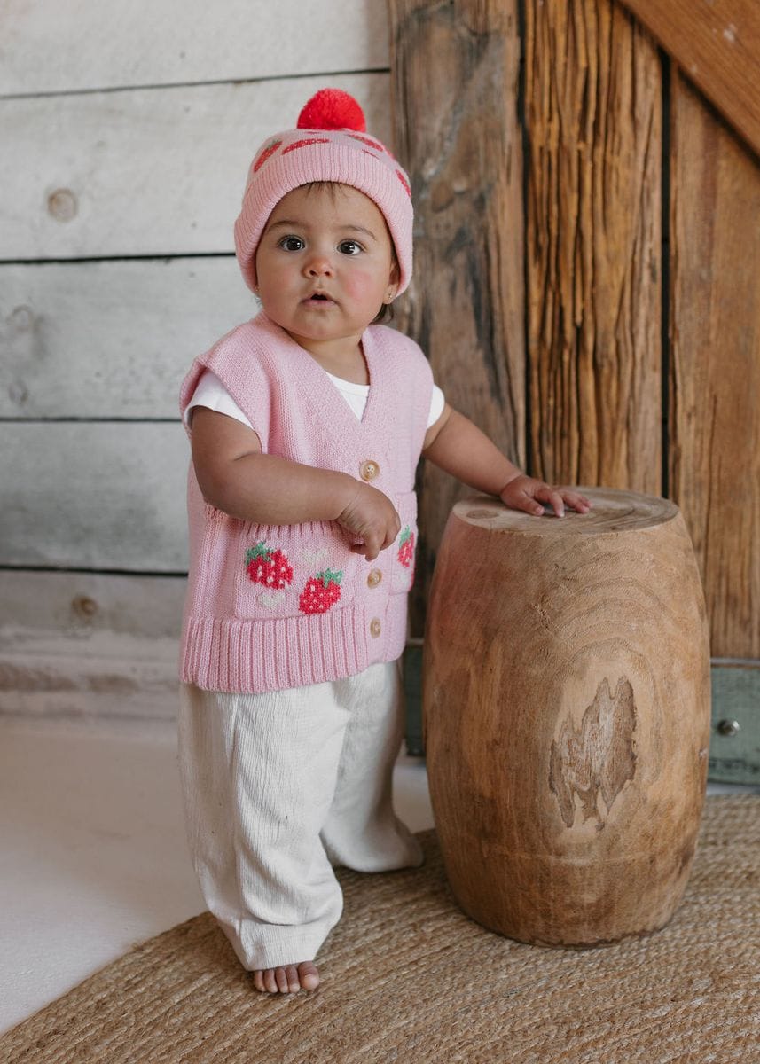 Acorn Kids Girls Top Strawberry Fields Merino Vest - Pink, Red & Green