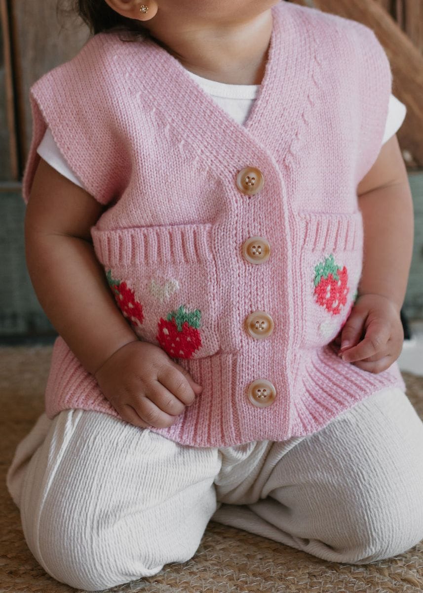 Acorn Kids Girls Top Strawberry Fields Merino Vest - Pink, Red & Green