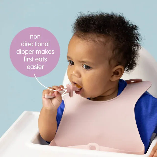 B.Box Weaning Cutlery Trio in blush color, child-friendly feeding accessories with ergonomic handles for easy self-feeding.