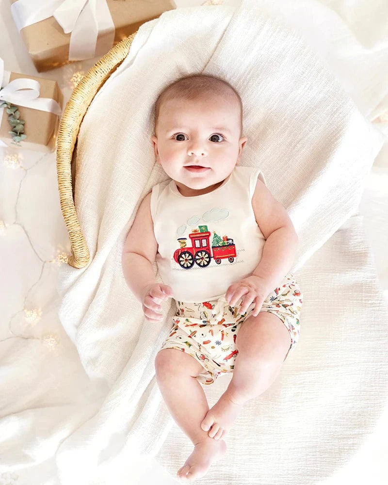 Bebe by Minihaha Boys All In Ones Festive Train Singlet suit & Shorts Set