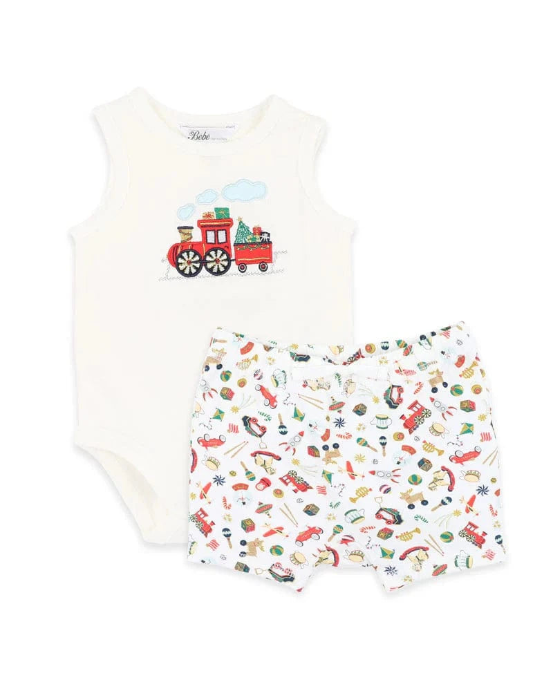 Bebe by Minihaha Boys All In Ones Newborn Festive Train Singlet suit & Shorts Set