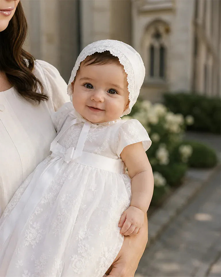 Bebe by Minihaha Girls Dress Open Back Christening Dress with Bloomers