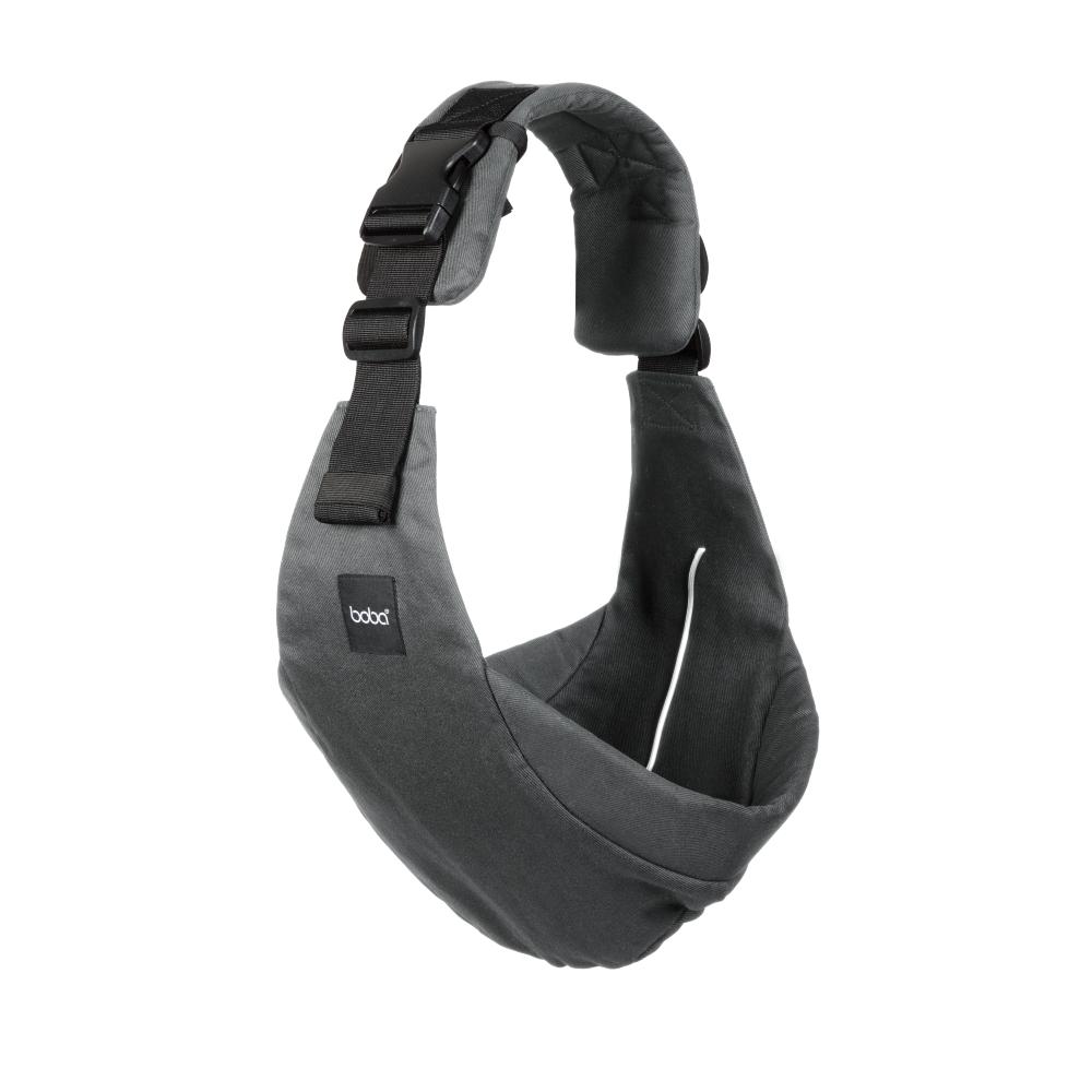 Grey Boba Buddy toddler hip carrier, a comfortable accessory carrier for children and parents, with padded straps and ergonomic design.