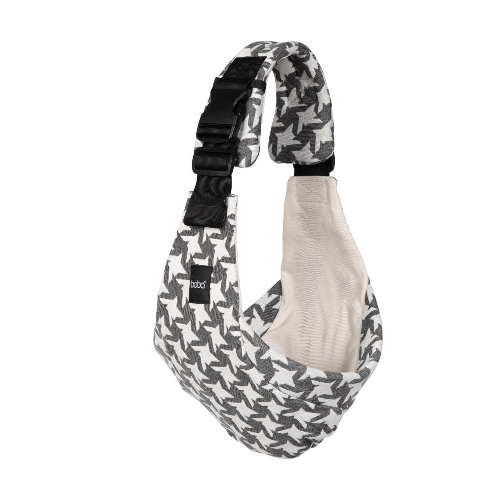 Gray Boba Buddy toddler hip carrier with houndstooth pattern, designed for comfortable accessory carrying and parent convenience.
