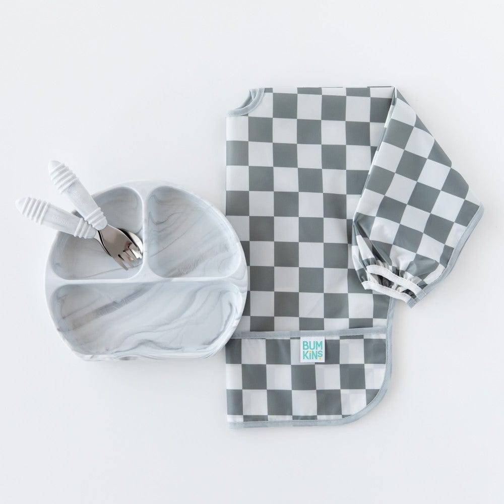 Bumkins Accessory Feeding Waterproof Sleeved Bib - Charcoal Check